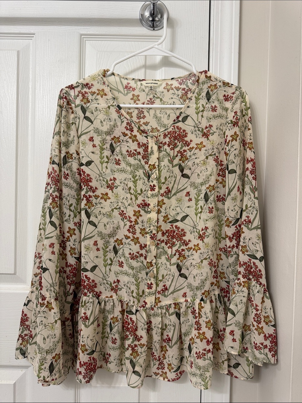 Max Studio Cream Blouse with Red & Green Floral Print